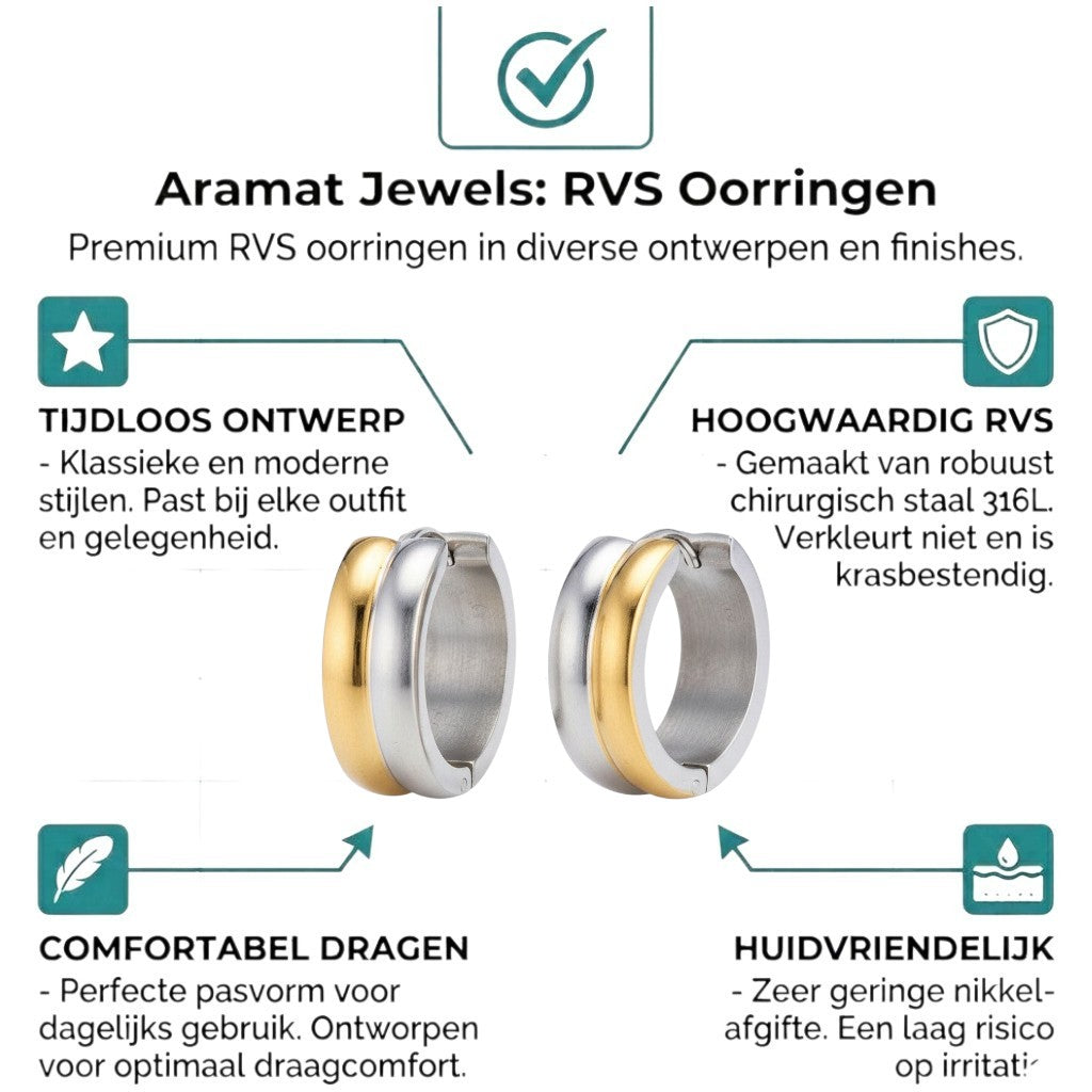 Aramat Jewels bicolor stainless steel hoop earrings, a mix of gold and silver tones, with a glossy finish.