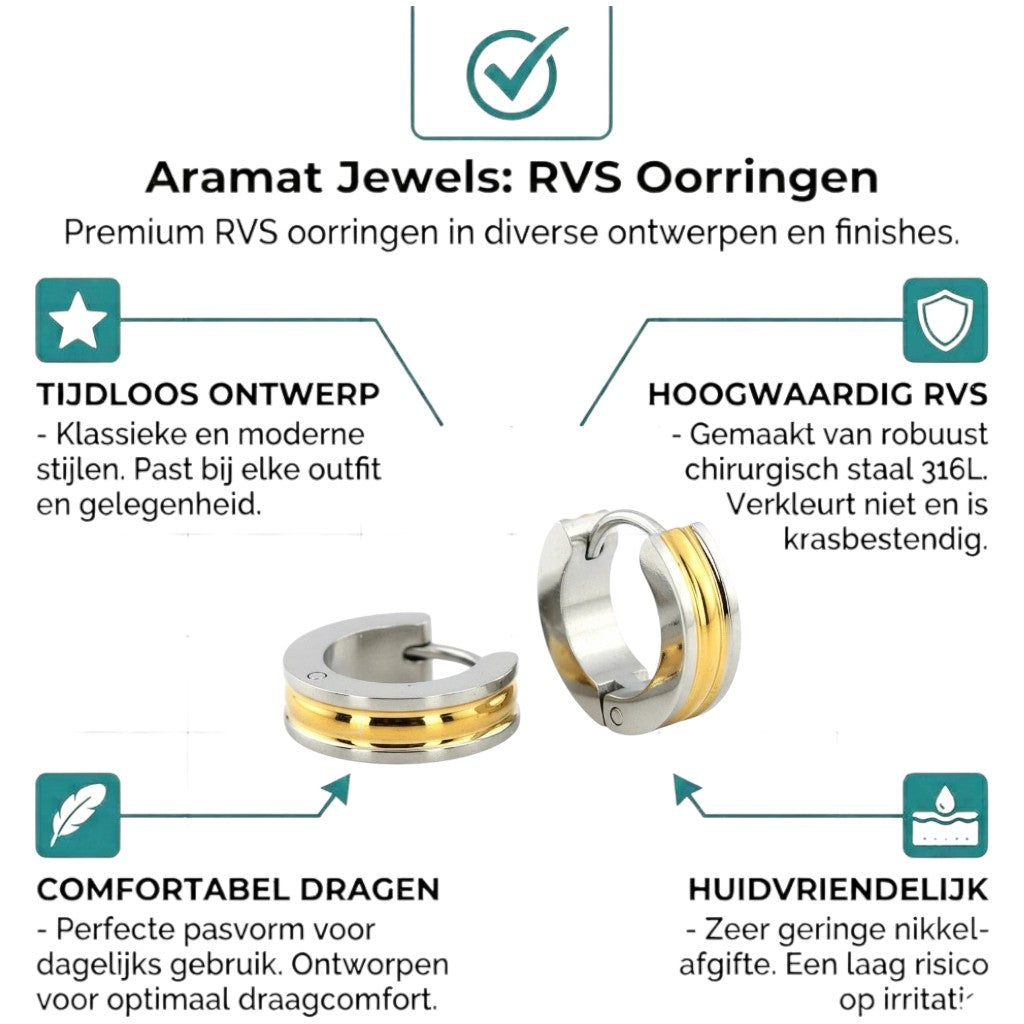 Aramat Jewels bicolor stainless steel hoop earrings with a gold stripe, 20x7mm, featuring a polished finish and hinge closure.