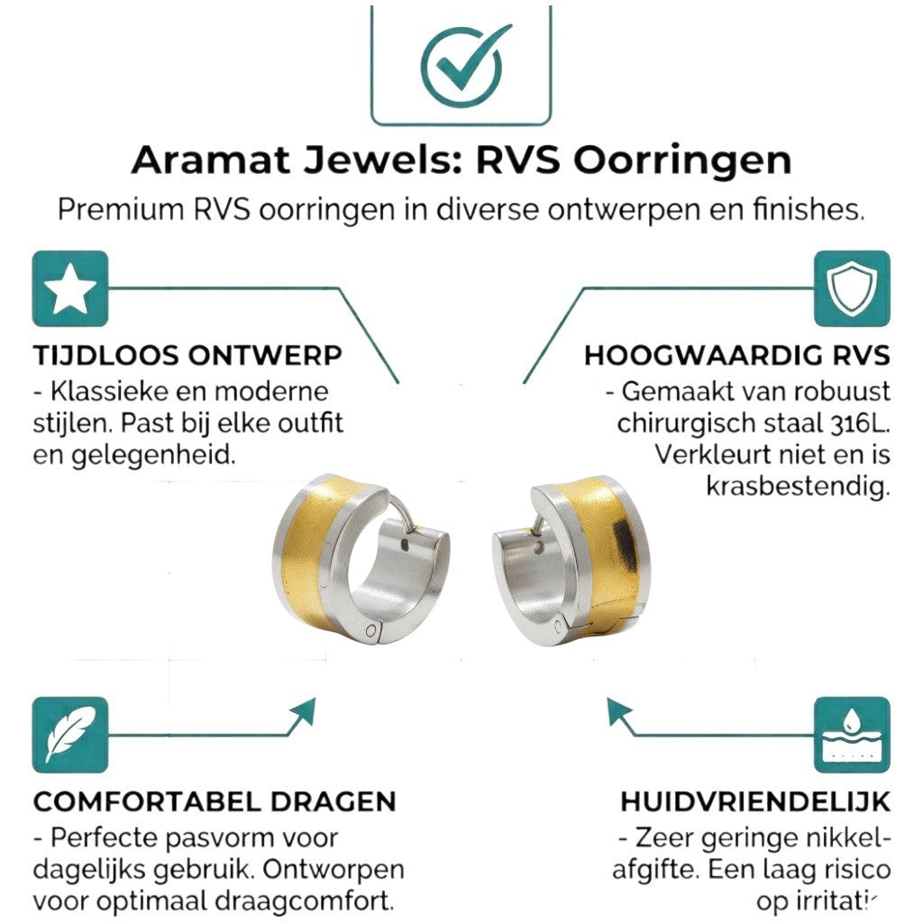 Aramat Jewels bicolor stainless steel hoop earrings with a wide gold stripe, 13mm.