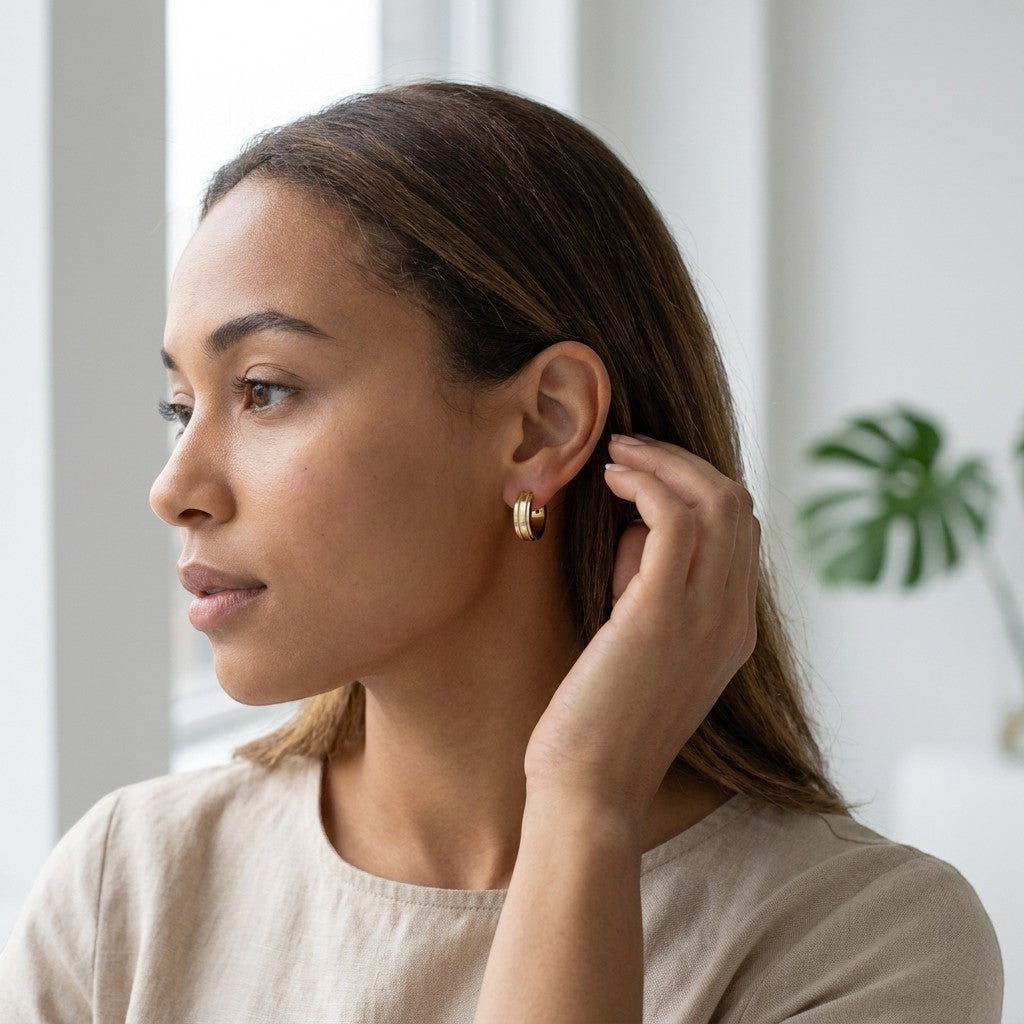 Aramat Jewels bicolor matte silver hoop earrings with gold stripes, 13mm, worn by a woman.