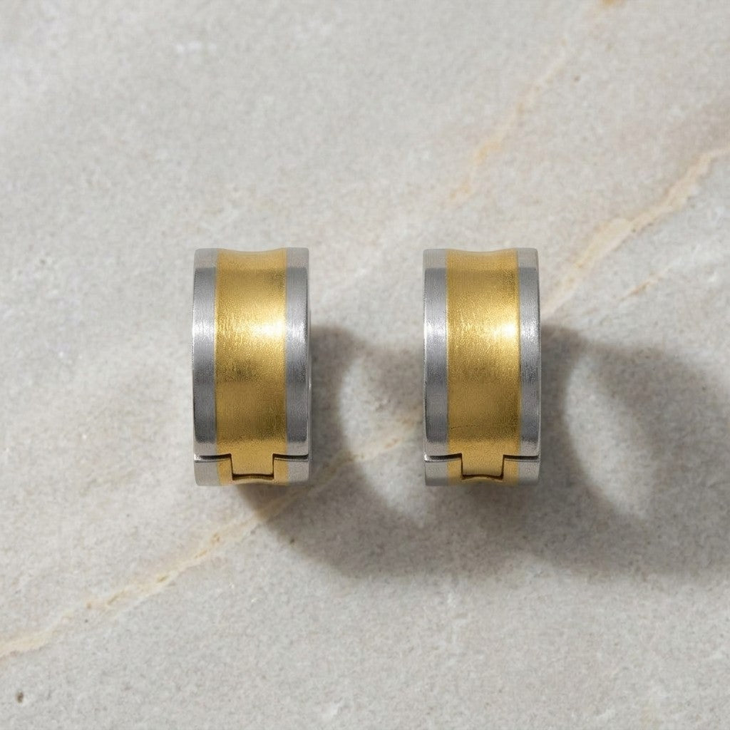 Aramat Jewels bicolor stainless steel hoop earrings with a wide gold stripe, 13mm diameter.