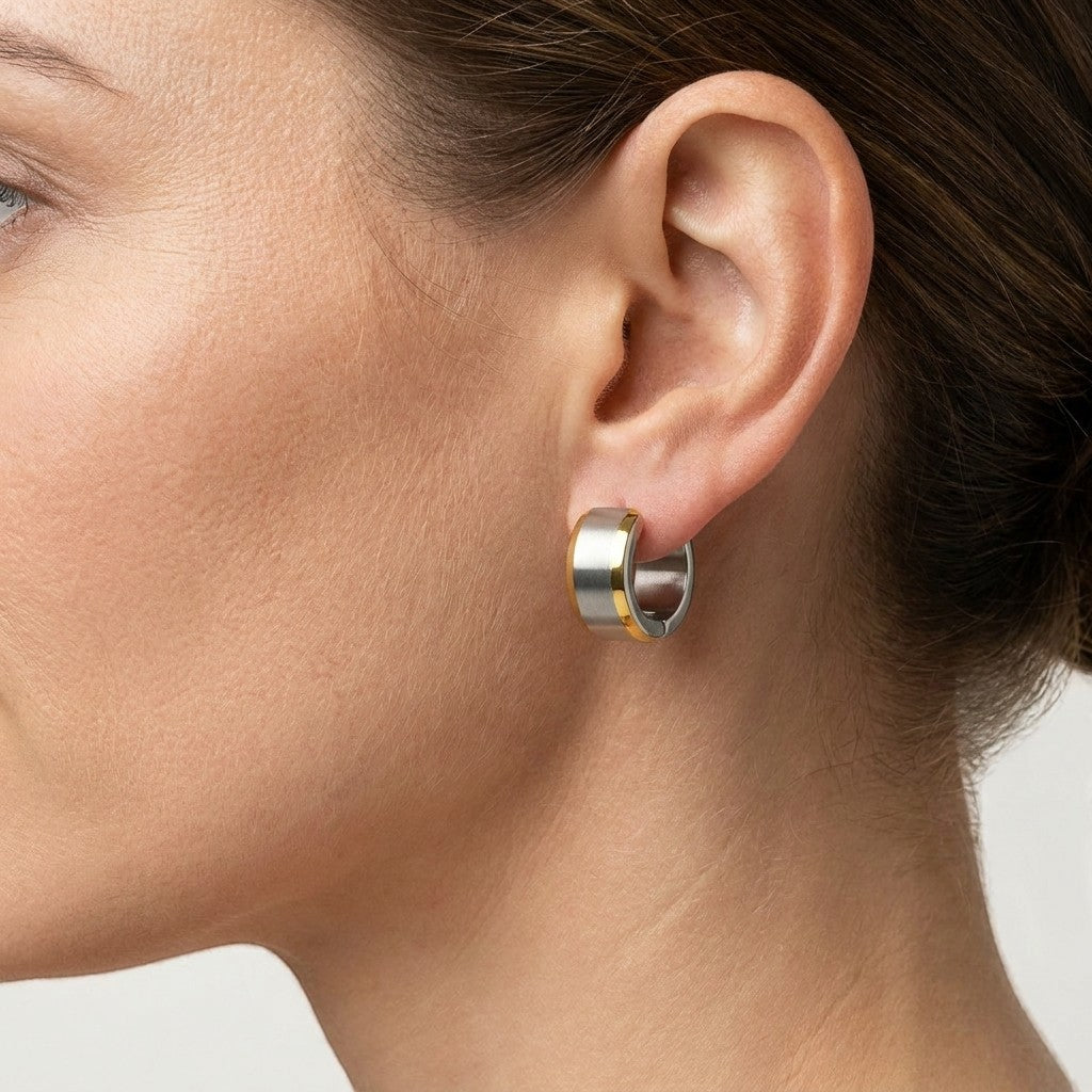 Aramat Jewels bicolor stainless steel hoop earrings with a wide silver stripe, 13mm.