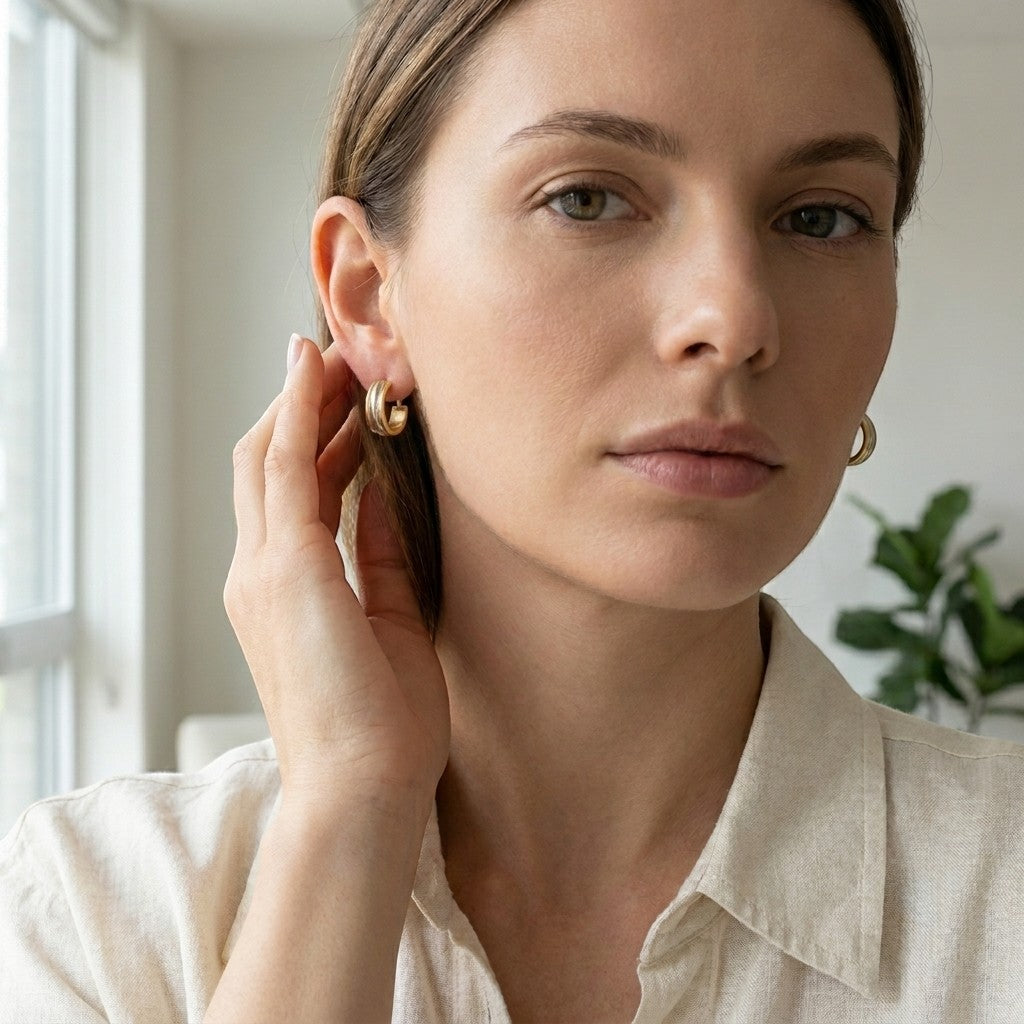 Aramat Jewels bicolor hoop earrings, 13x5mm, matte silver and gold stainless steel, modern design.