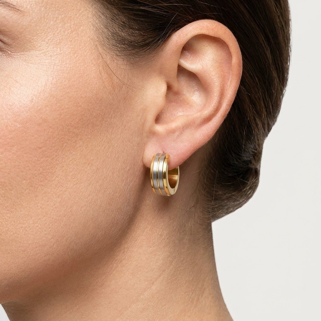 Aramat Jewels bicolor stainless steel hoop earrings, 13x5mm, with matte silver and gold finish.