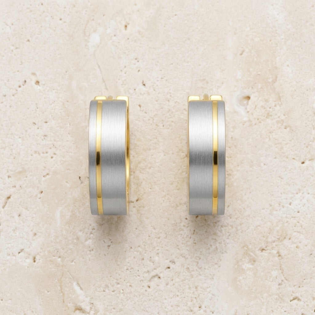 Aramat Jewels bicolor stainless steel hoop earrings with a matte silver finish and a gold stripe detail, 13mm.
