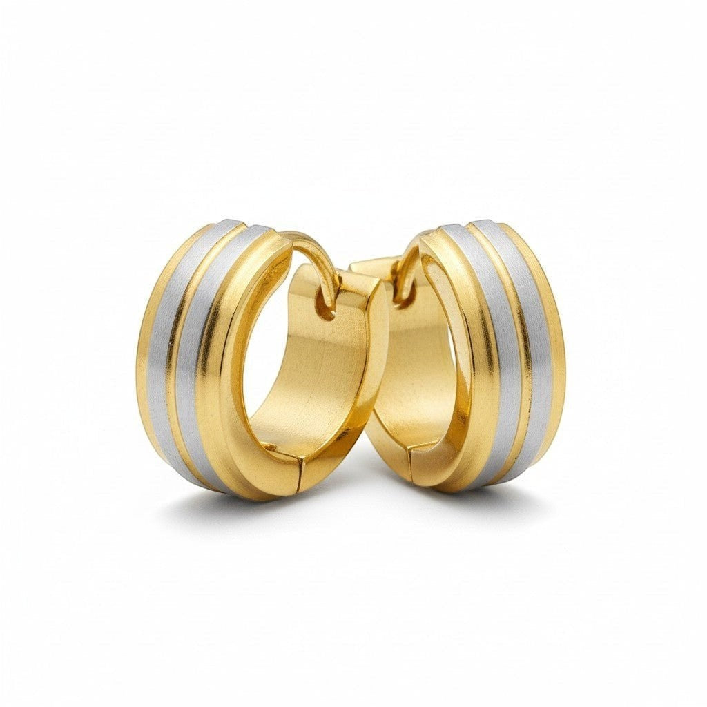 Aramat Jewels bicolor stainless steel hoop earrings, 13x5mm, with matte silver and gold stripes.