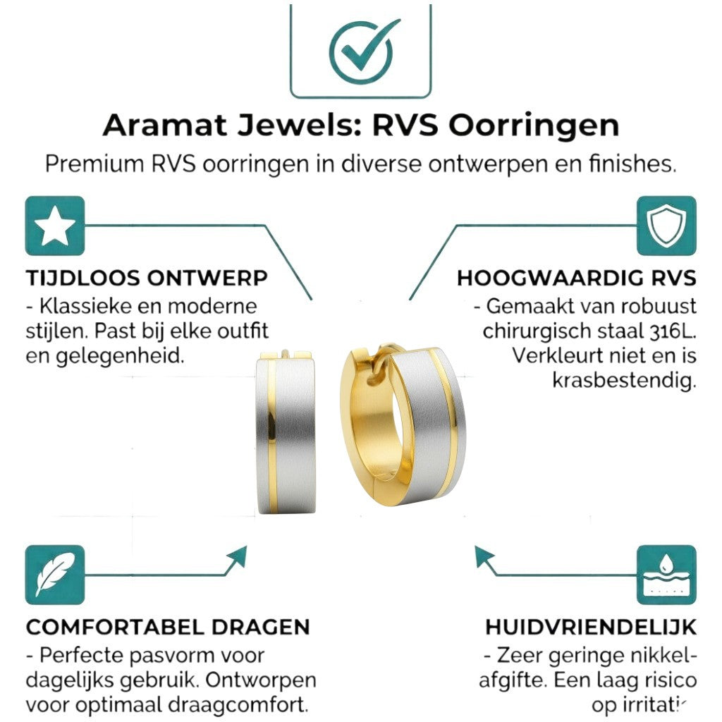 Aramat Jewels bicolor stainless steel hoop earrings with a matte silver finish and a gold stripe detail, 13mm.