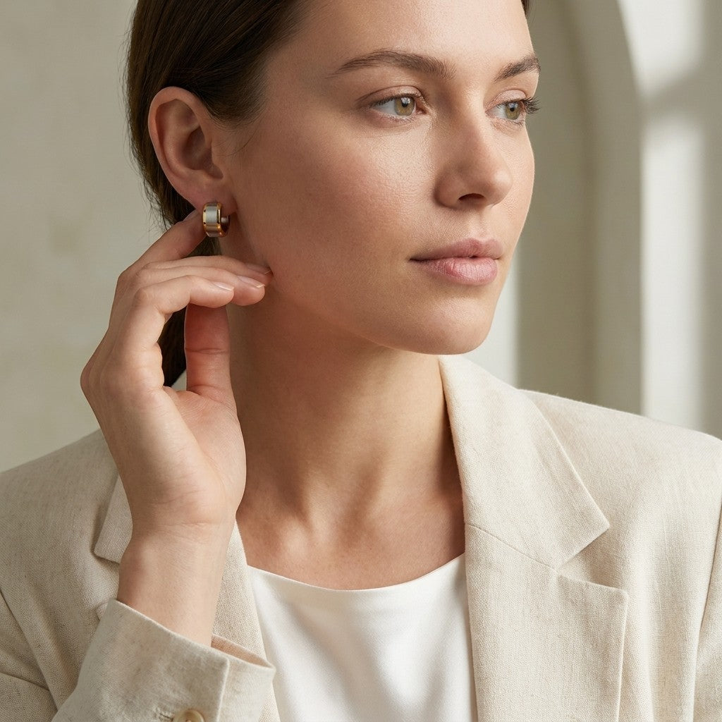 Aramat Jewels bicolor stainless steel hoop earrings with a wide silver stripe, 13mm, worn by a woman.