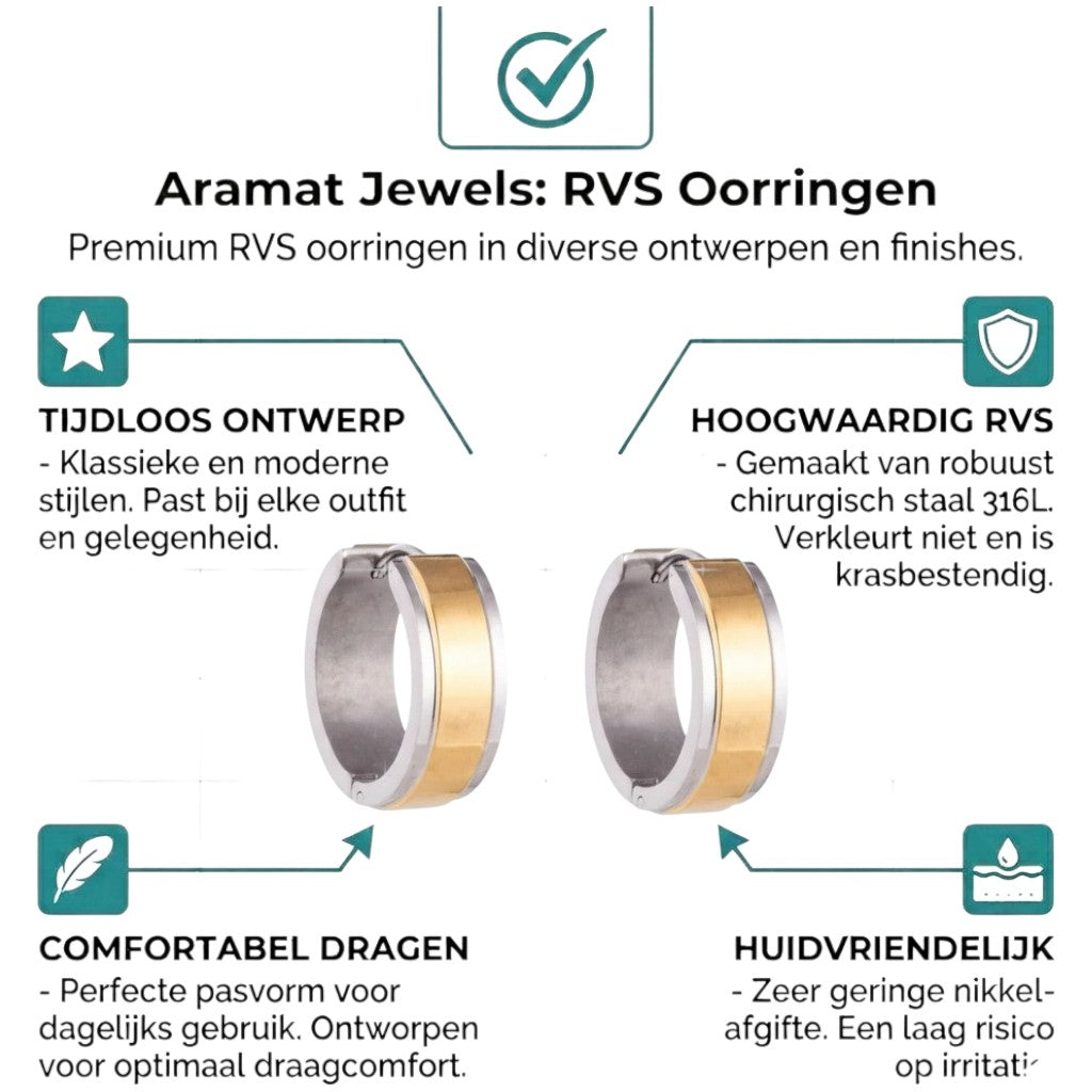 Aramat Jewels bicolor stainless steel huggie hoop earrings with a wide gold stripe, 20mm diameter, 7mm width.