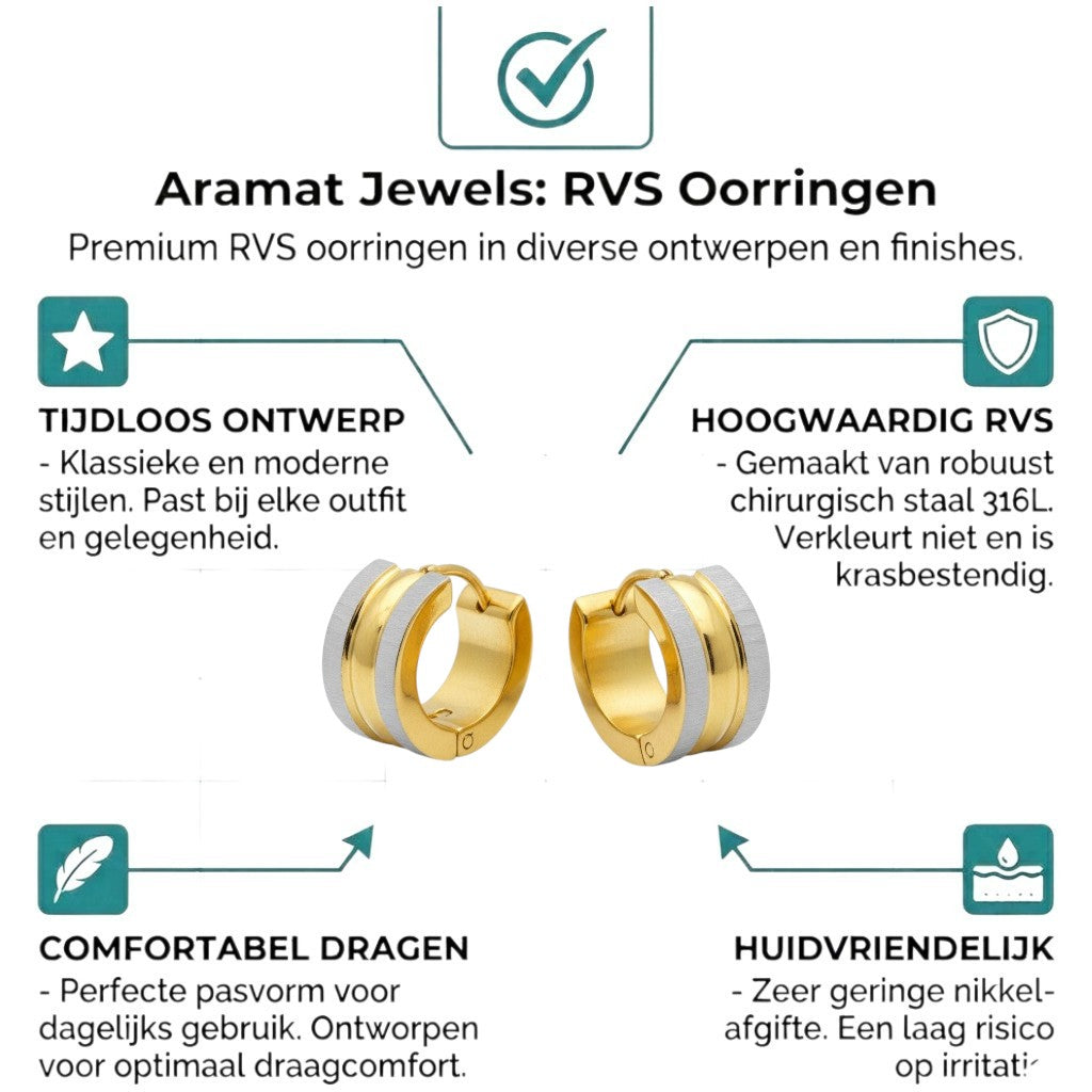 Aramat Jewels bicolor stainless steel huggie hoop earrings in matte silver and gold finish.