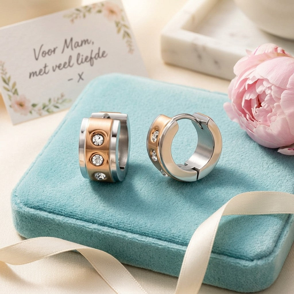 Aramat Jewels bicolor stainless steel huggie hoop earrings with three clear cubic zirconia stones each, 13mm diameter.