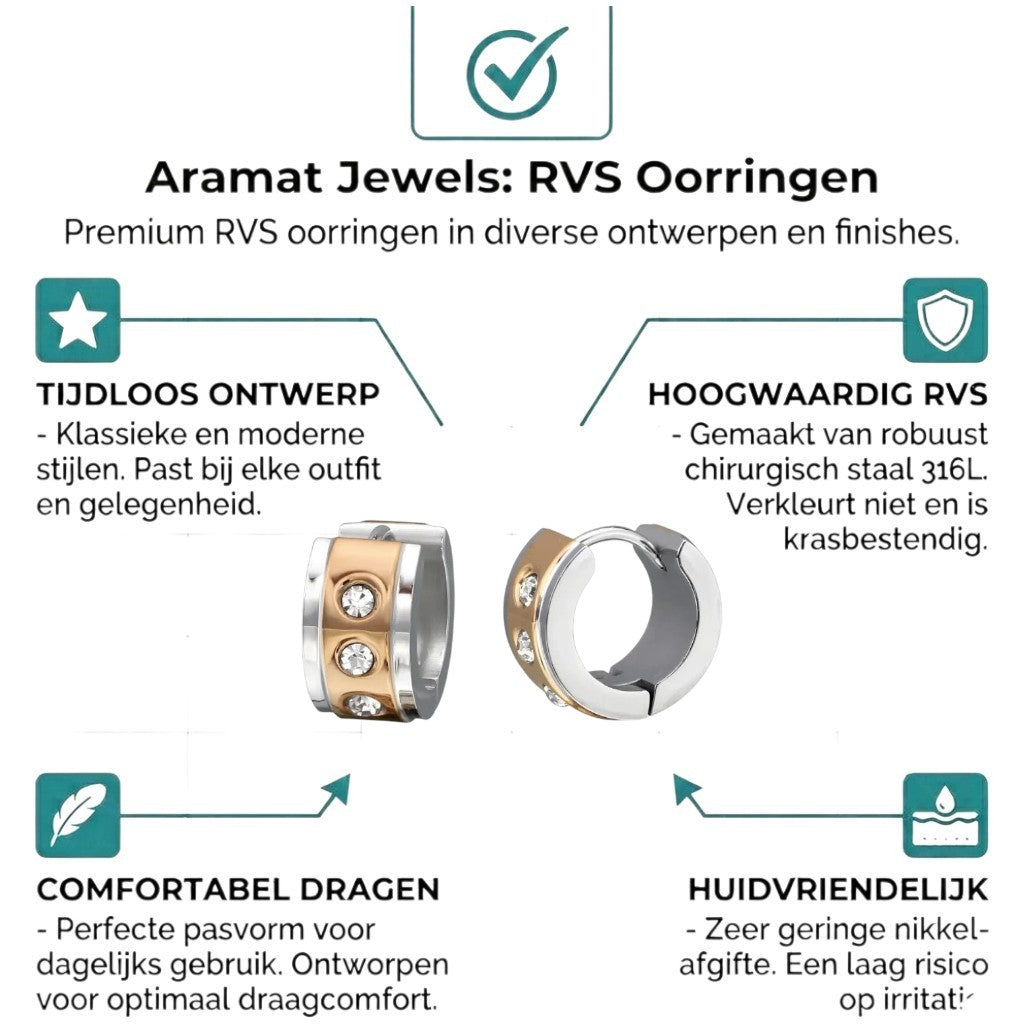 Aramat Jewels bicolor stainless steel huggie hoop earrings with three clear cubic zirconia stones each, 13mm diameter.