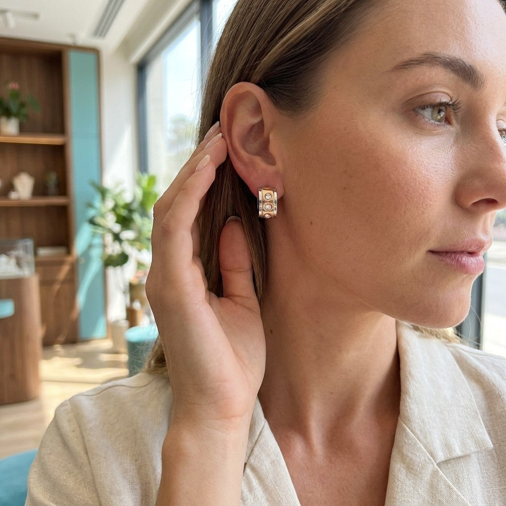 Aramat Jewels bicolor stainless steel huggie earrings with three clear cubic zirconia stones on each earring.