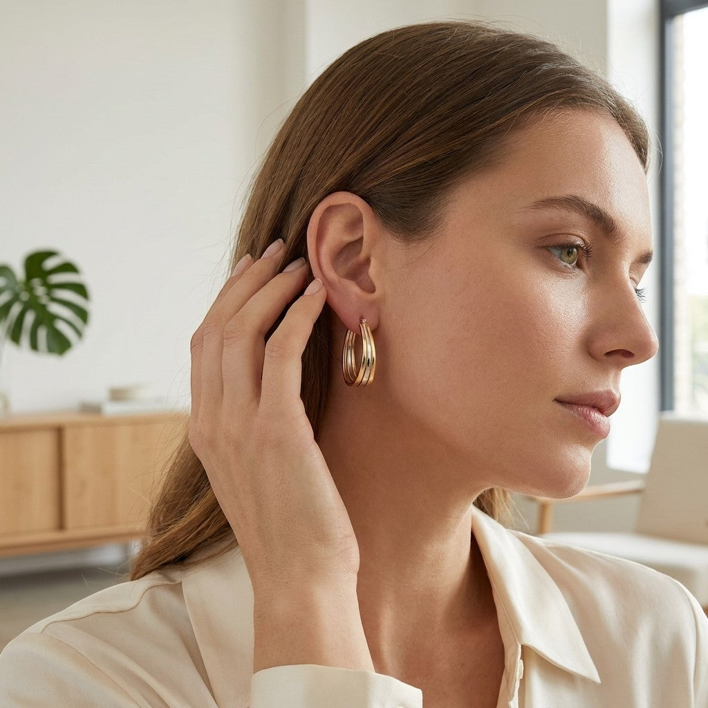Aramat Jewels triple oval hoop earrings in gold and silver stainless steel, 35x9mm, with a bicolor finish.