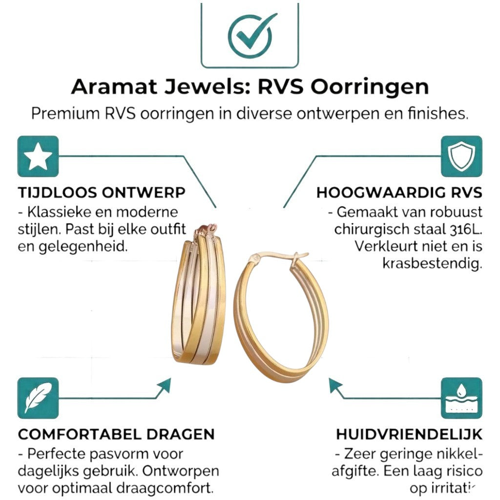 Aramat Jewels triple oval hoop earrings in gold and silver bicolor stainless steel, 35x9mm, with a hinge closure.