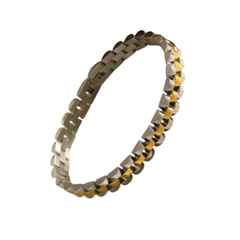 Aramat Jewels bicolor RVS schakelarmband in zilver- en goudkleur, 8mm breed, in horlogebandstijl.