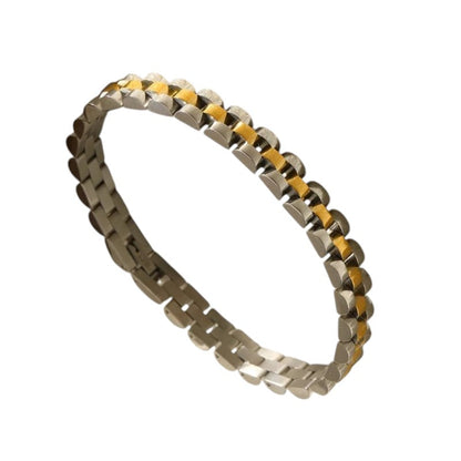 Aramat Jewels bicolor RVS horlogeband armband met zilver- en goudkleurige schakels van 21 cm lang en 8 mm breed.