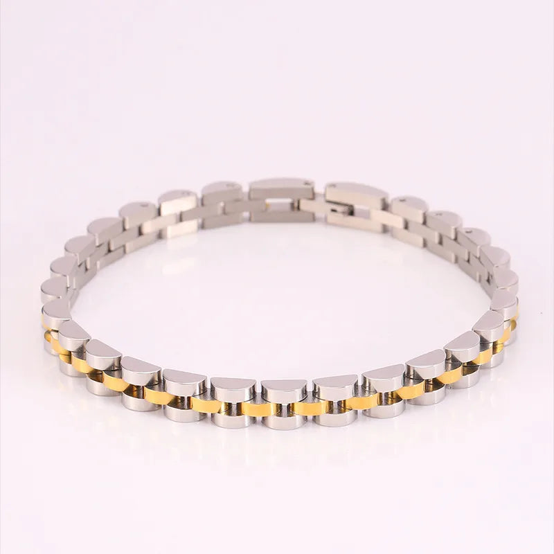 Aramat Jewels bicolor horlogeband armband van RVS 316L met zilver- en goudkleurige schakels, 21 cm lang.