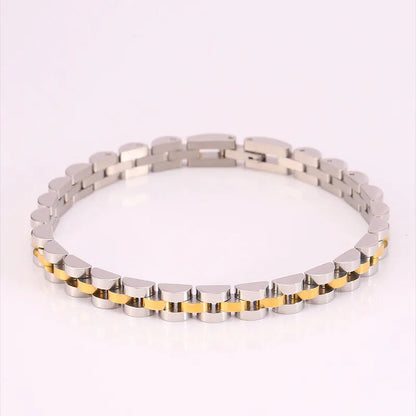 Aramat Jewels bicolor horlogeband armband van RVS 316L met zilver- en goudkleurige schakels, 21 cm lang.