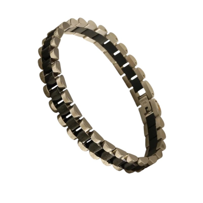 Aramat Jewels bicolor RVS schakelarmband met zwarte middenschakels en zilverkleurige randen in horlogebandstijl