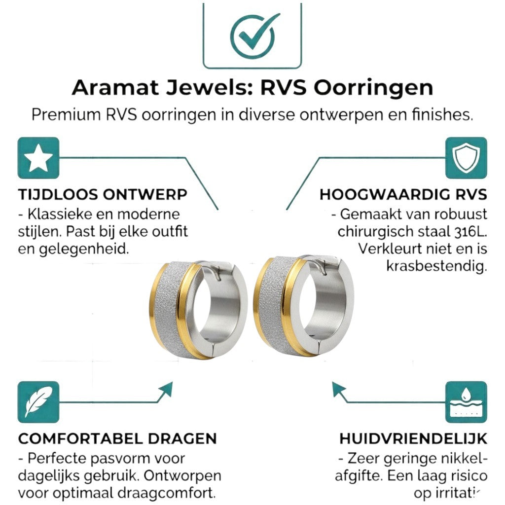 Aramat Jewels bicolor sandblasted stainless steel hoop earrings with gold trim, 13x7mm.