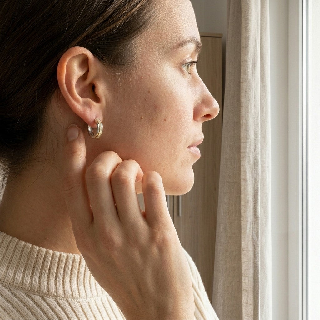 Aramat Jewels bicolor sandblasted hoop earrings with a shiny silver stripe, 13x7mm, worn by a woman.