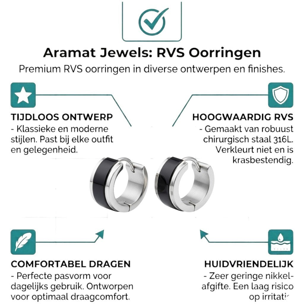 Aramat Jewels bicolor stainless steel hoop earrings, 13x7mm, with a shiny black and silver finish.