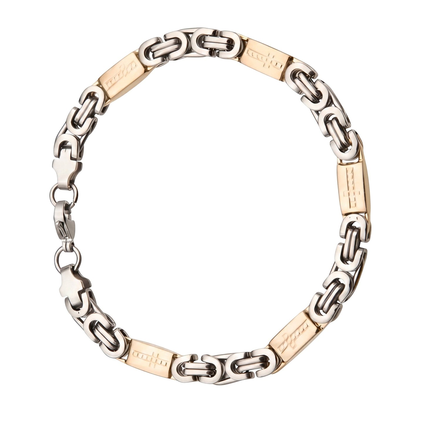 Aramat Jewels bicolor stalen koningsarmband met kruisjes, 7mm breed en 22cm lang, zilverkleurig en goudkleurig.
