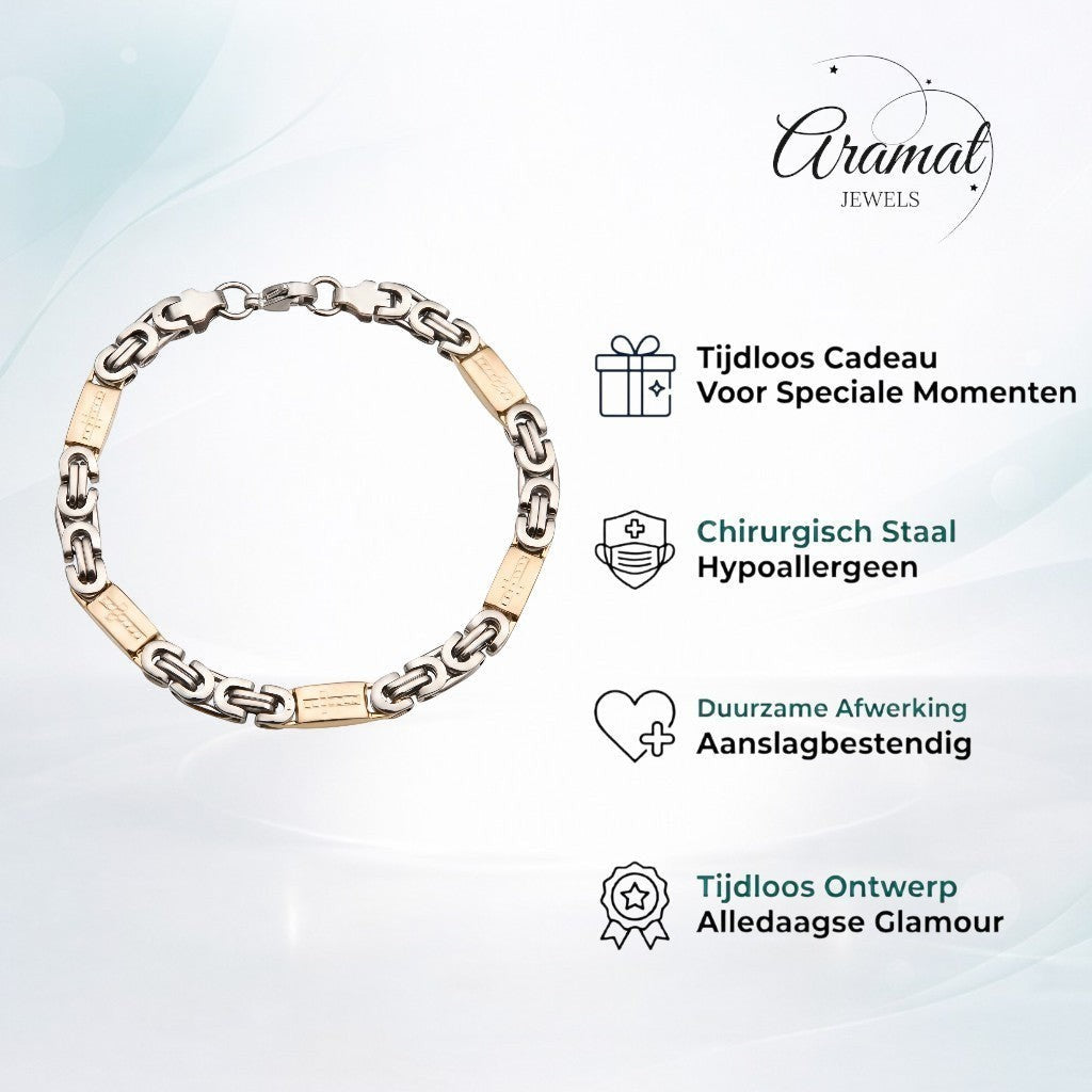 Aramat Jewels bicolor stalen konings armband met kruisjes motief, 7mm breed en 22cm lang, zilverkleurig en goudkleurig.