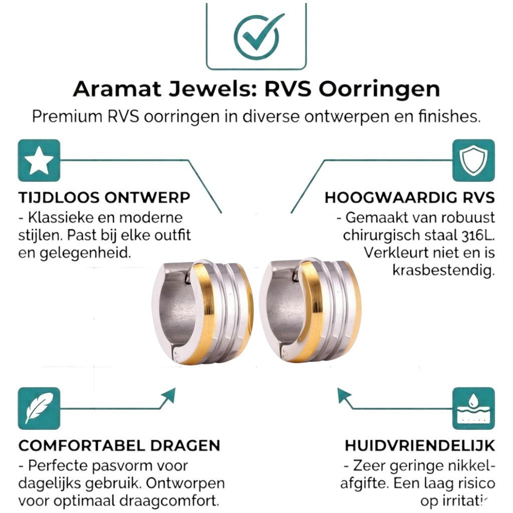 Aramat Jewels mini hoop earrings in stainless steel with bicolor gold and silver stripes and a matte finish.