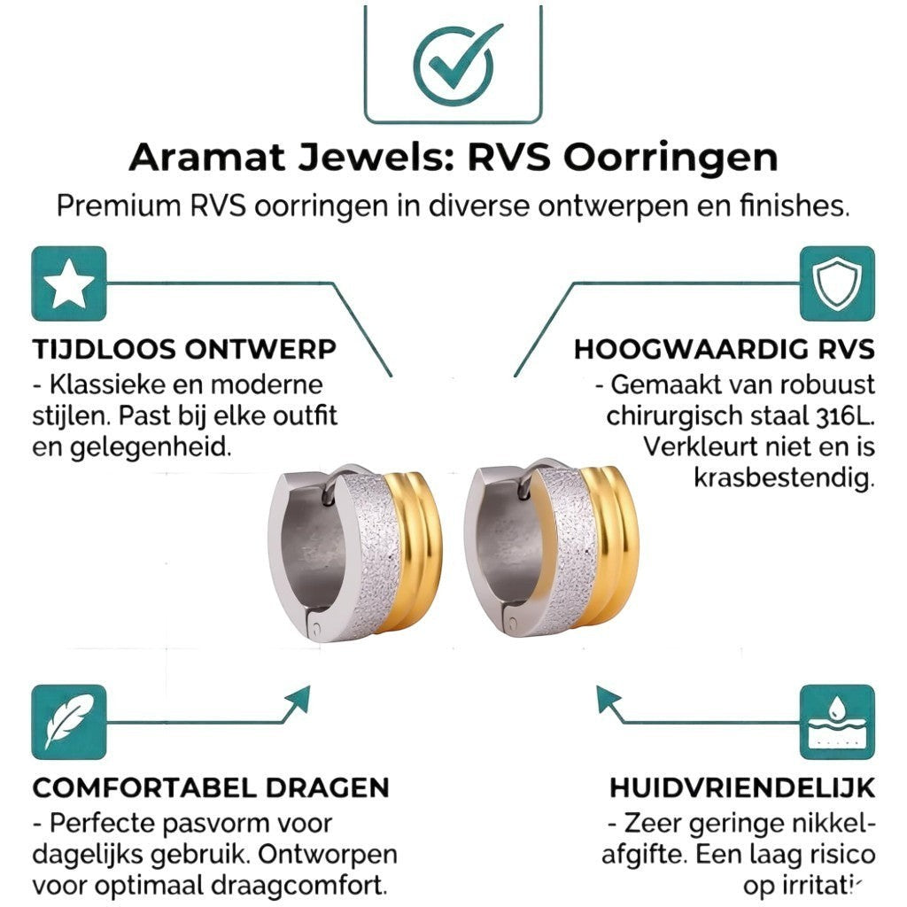 Aramat Jewels bicolor huggie hoop earrings in stainless steel with matte silver and shiny gold stripes, 13mm diameter.