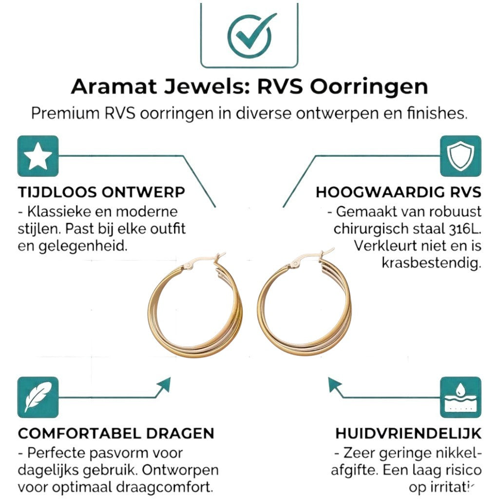 Aramat Jewels bicolor triple hoop earrings, 35x15mm, crafted from stainless steel with a crossed design.