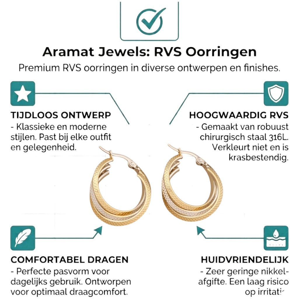 Aramat Jewels bicolor triple hoop earrings with a diamond-cut pattern in gold and silver stainless steel, 35mm diameter.