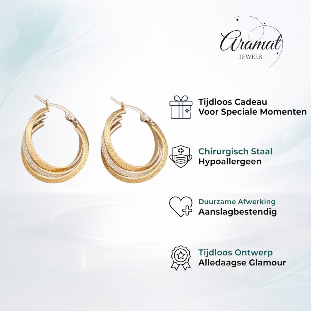 Aramat Jewels bicolor triple hoop earrings with a diamond-cut pattern in gold and silver stainless steel, 35mm diameter.