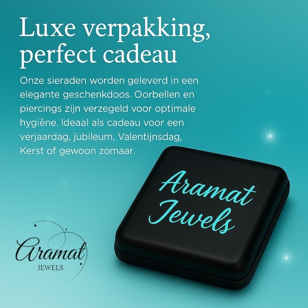 Aramat Jewels black jewelry box with turquoise logo, ideal for gifting.