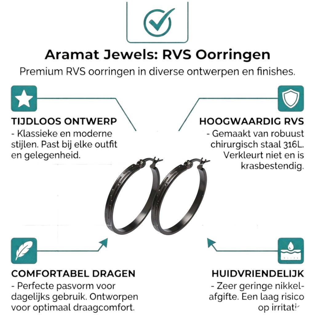Aramat Jewels black stainless steel hoop earrings with Greek motif, 25mm diameter, high gloss finish.