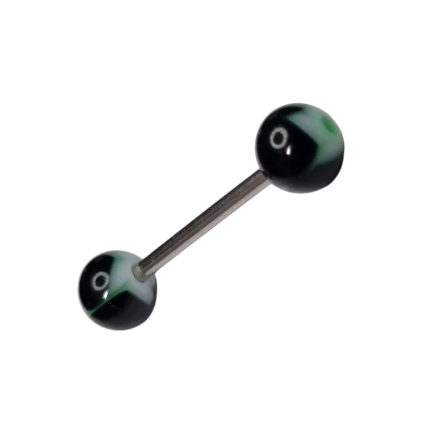 Aramat Jewels black and green marbled acrylic ball tongue piercing with a silver steel bar.