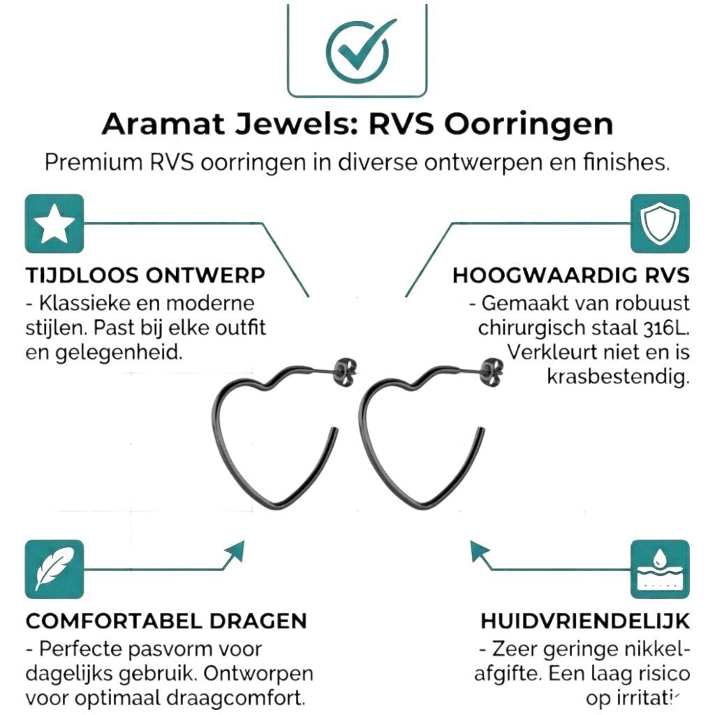 Aramat Jewels black heart-shaped hoop earrings, 20mm, made of stainless steel.