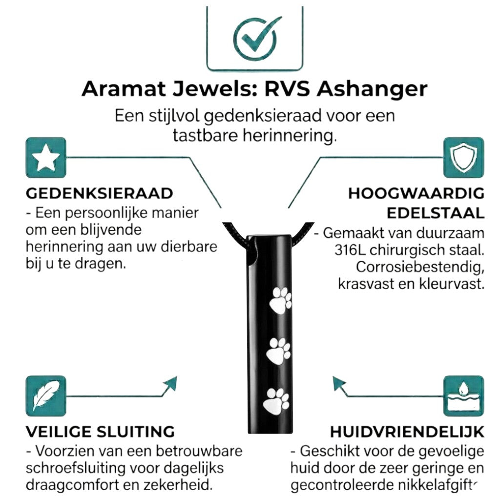 Aramat Jewels black stainless steel cylinder ash pendant with white paw prints, 3.4cm