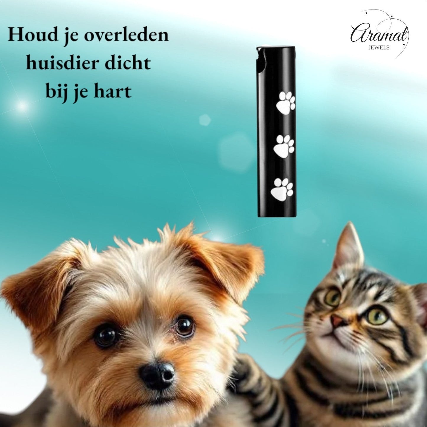 Aramat Jewels black stainless steel cremation urn pendant with white paw prints, cylindrical shape, 3.4cm.