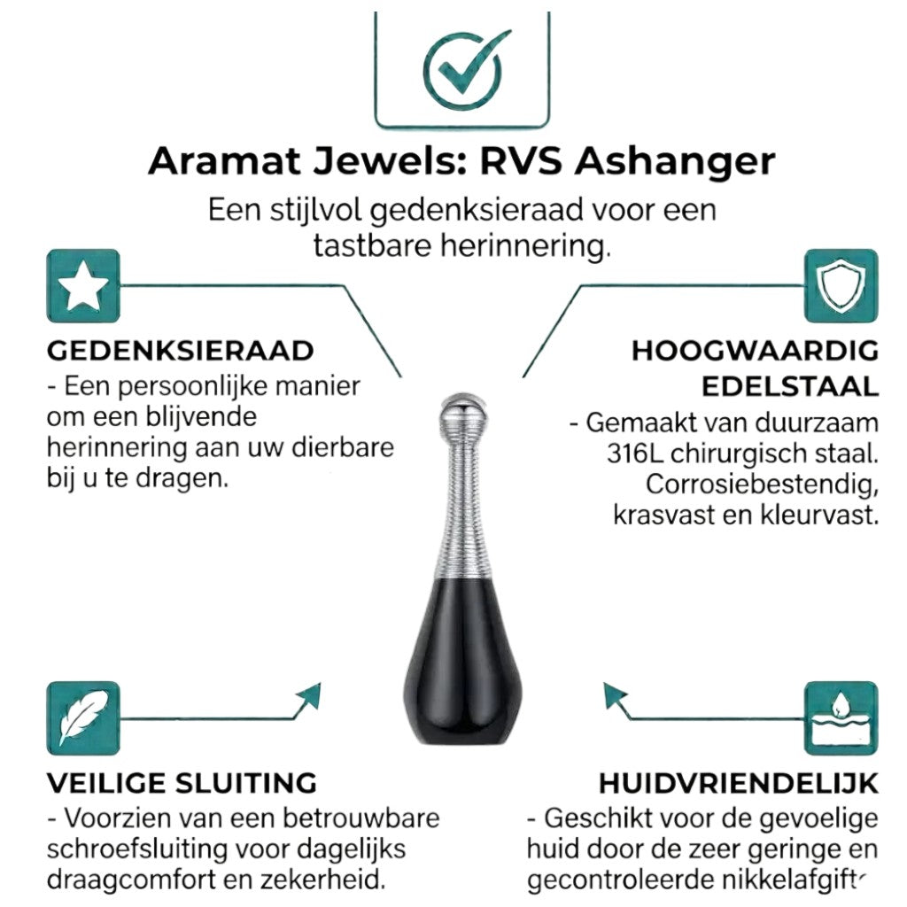 Aramat Jewels black and silver cone-shaped cremation urn necklace made of 316L stainless steel, 4cm long, with a rope chain.