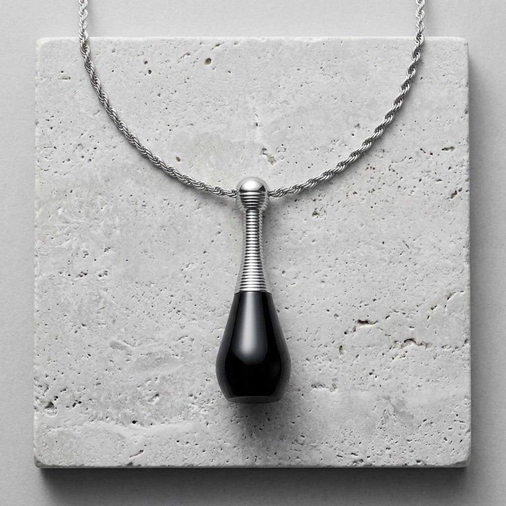 Aramat Jewels black and silver cone-shaped cremation urn pendant necklace made of 316L stainless steel, 4cm long, with a rope chain.