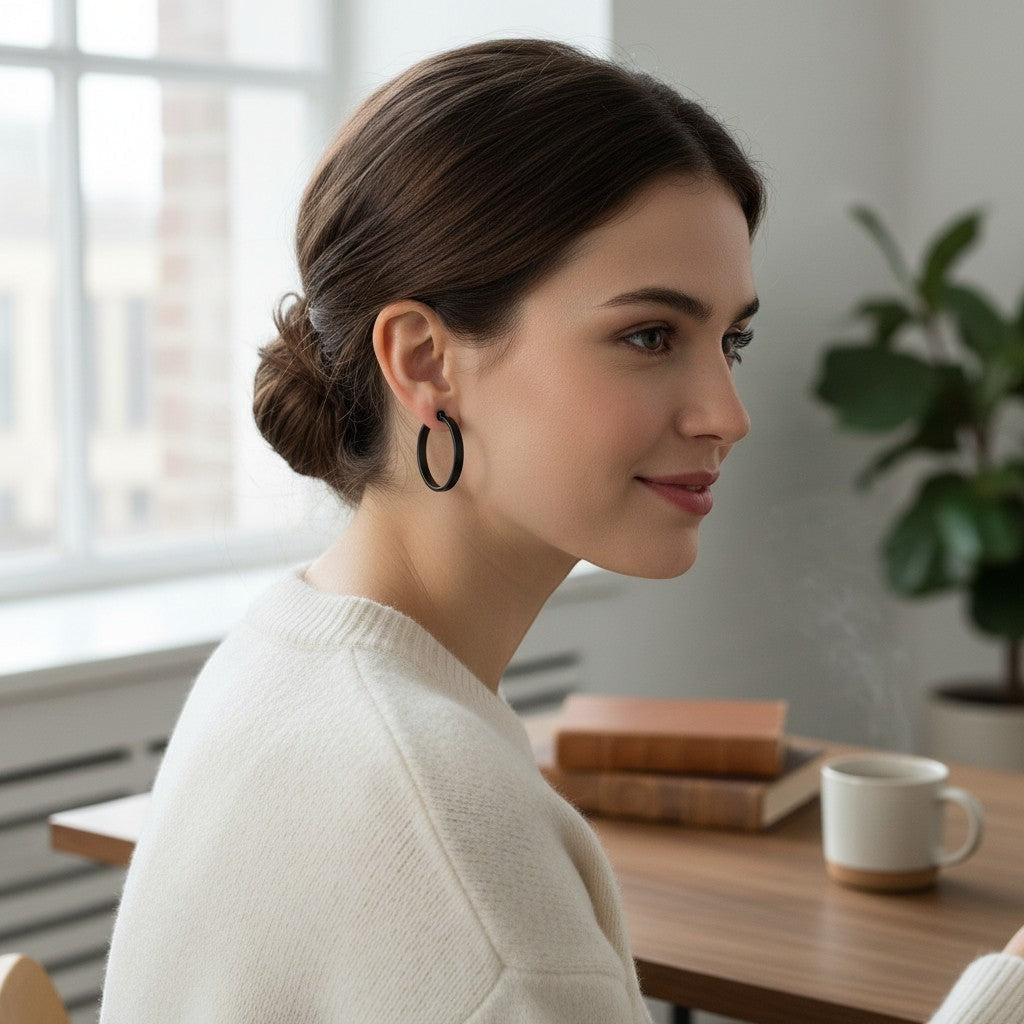 Aramat Jewels black stainless steel hoop earrings with a striped pattern, 30mm diameter.