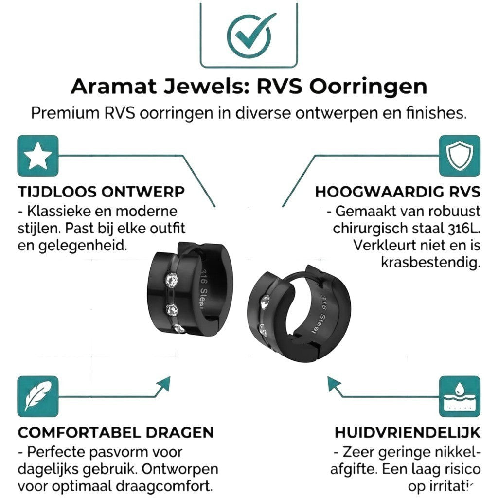 Aramat Jewels black stainless steel huggie hoop earrings with clear cubic zirconia stones, 13mm diameter.