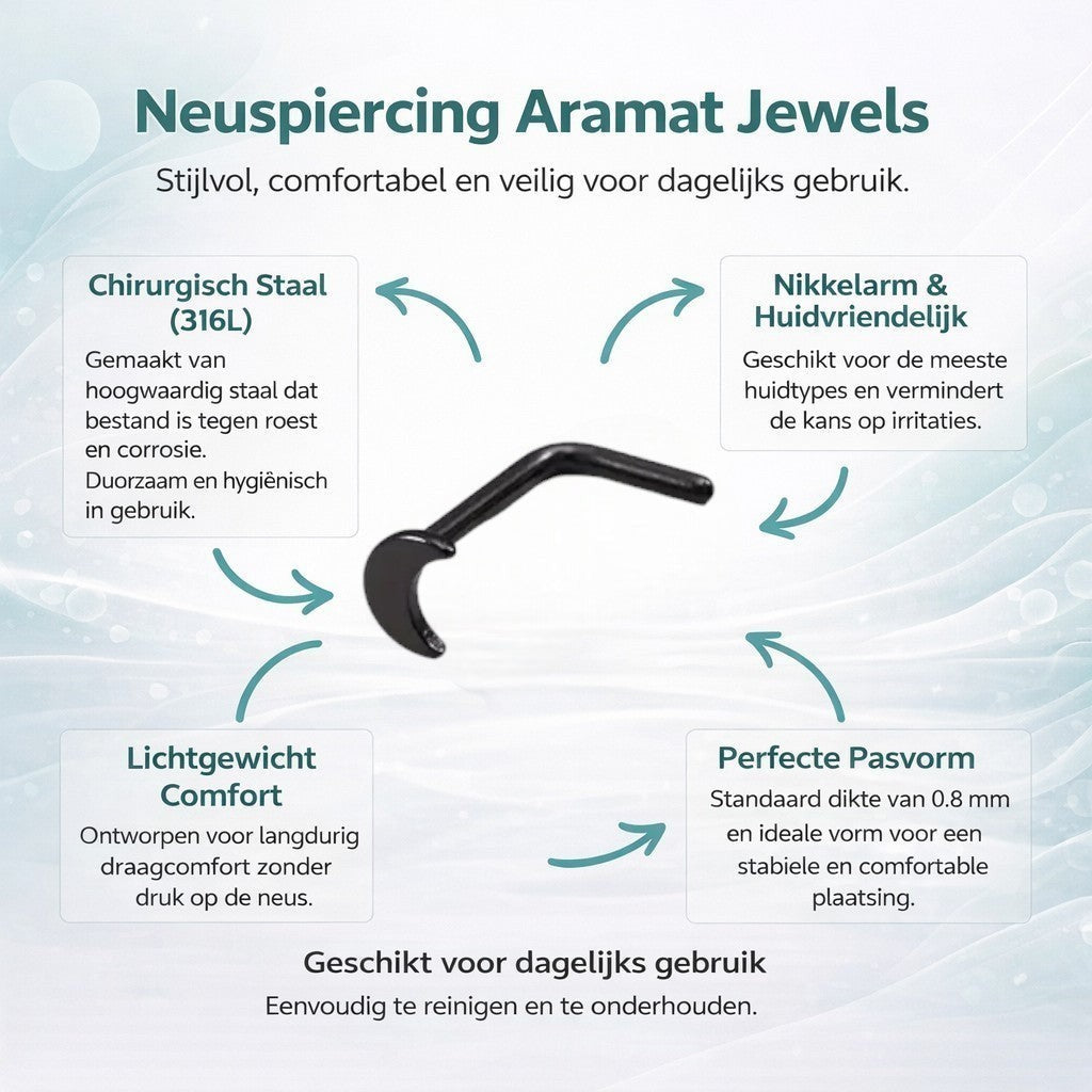Aramat Jewels black steel curved nose piercing with a 3x2mm moon design.