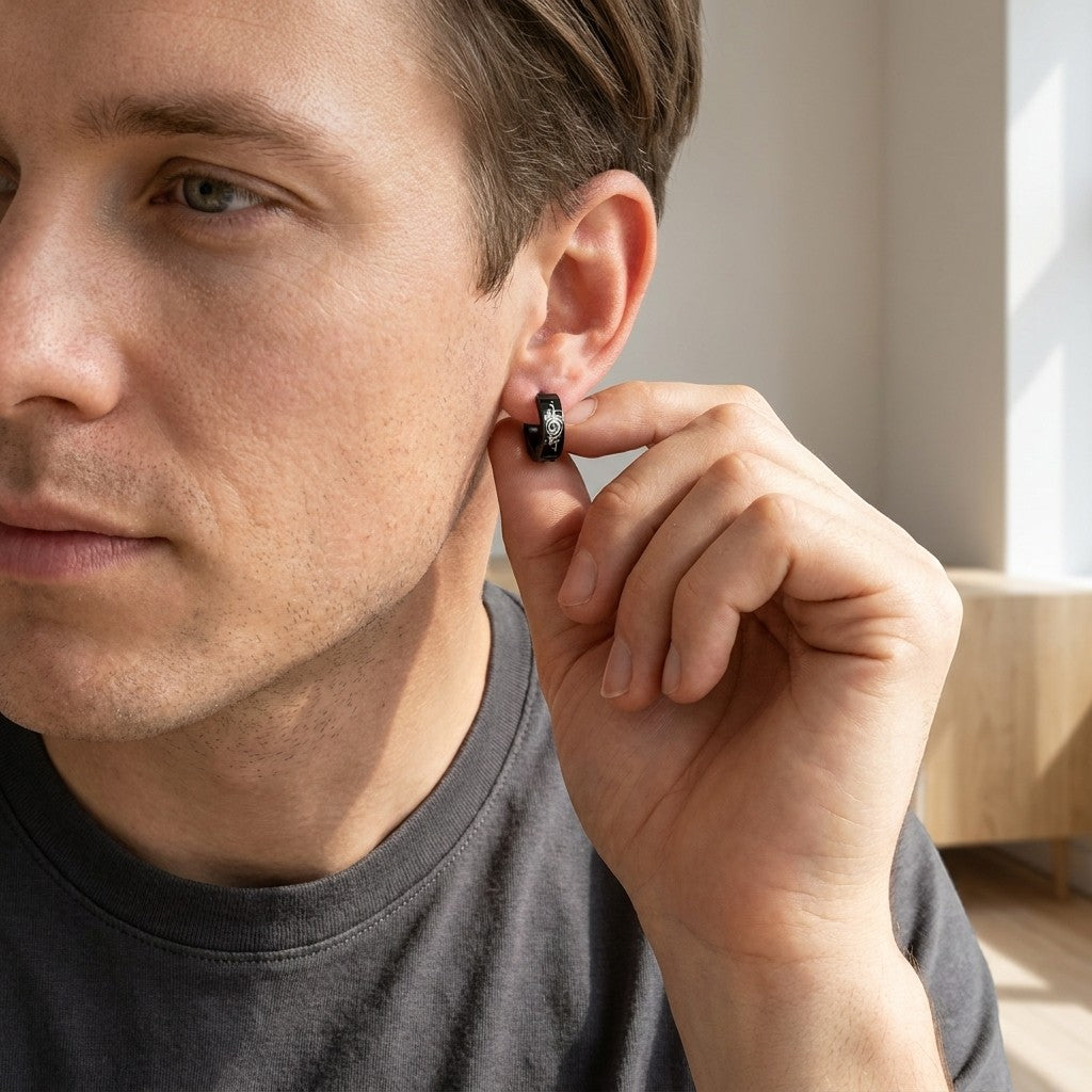 Aramat Jewels black stainless steel tribal huggie earring with a 14mm diameter, worn by a man.