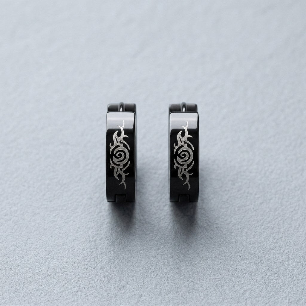 Aramat Jewels black stainless steel tribal huggie hoop earrings, 14mm diameter.
