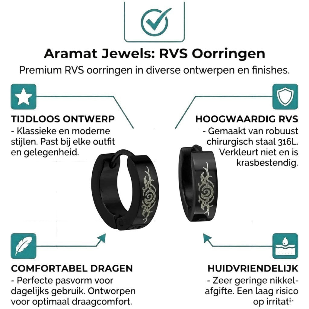 Aramat Jewels black stainless steel huggie hoop earrings with tribal design, 14mm diameter.