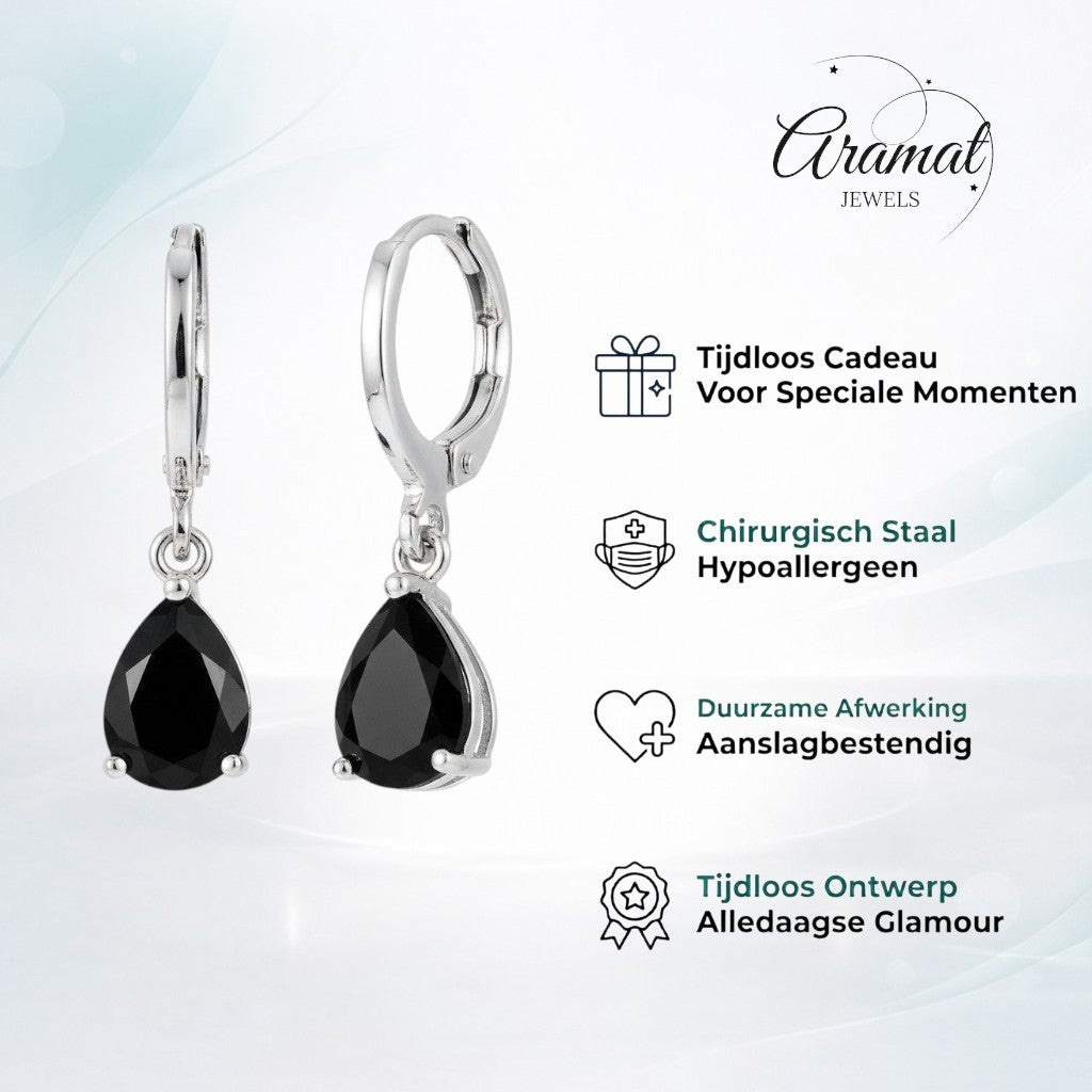 Aramat Jewels silver-tone mini hoop earrings with black pear-cut zirconia drop.