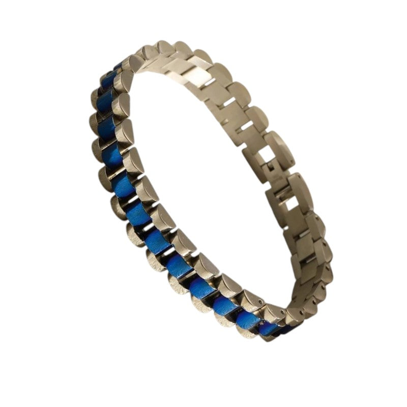 Aramat Jewels RVS schakelarmband in bicolor blauw en zilverkleurig met een horlogeband design van 10 mm breed.